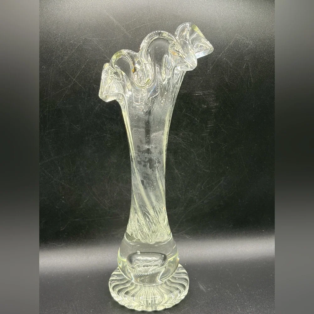 Vintage Mid Century Swung Glass Vase Chunky Ruffled Thick Walled Vessel Decor - Picture 8 of 14